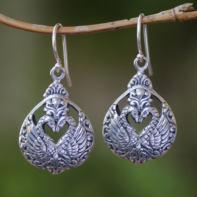 Sterling silver dangle earrings, 'Loving Swans' - Sterling Silver Swan Dangle Earrings from Bali