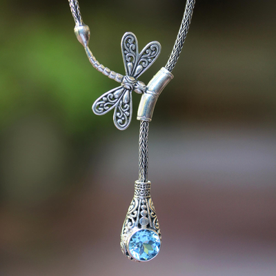 925 sterling silver pendant Blue LACE AGATE blue TOPAZ pendant Dragonfly jewelery Dragonfly pendant
