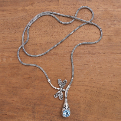 Blue topaz pendant necklace, 'Solo Dragonfly' - Blue Topaz Dragonfly Pendant Necklace from Bali