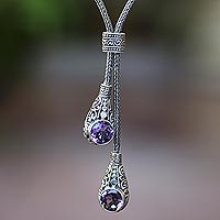 Amethyst lariat necklace, 'Tears of a Goddess' - Faceted Amethyst Lariat Necklace from Bali