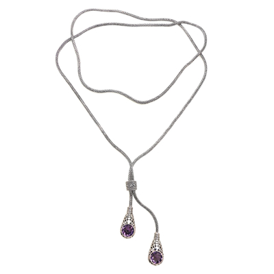 Amethyst lariat necklace, 'Tears of a Goddess' - Faceted Amethyst Lariat Necklace from Bali