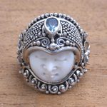 Blue topaz cocktail ring, 'Bali Prince' - Blue Topaz and Bone Cocktail Ring from Bali