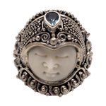 Blue topaz cocktail ring, 'Bali Prince' - Blue Topaz and Bone Cocktail Ring from Bali