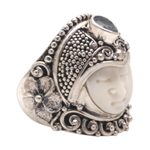 Blue topaz cocktail ring, 'Bali Prince' - Blue Topaz and Bone Cocktail Ring from Bali