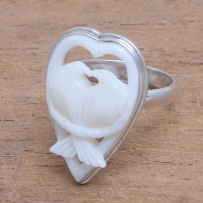 Sterling silver and bone cocktail ring, 'Dove Couple' - Sterling Silver and Bone Dove Cocktail Ring from Bali