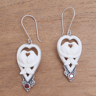 Garnet and bone dangle earrings, 'Dove Couple' - Garnet and Bone Dove Dangle Earrings from Bali