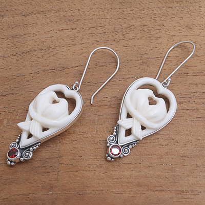 Garnet and bone dangle earrings, 'Dove Couple' - Garnet and Bone Dove Dangle Earrings from Bali