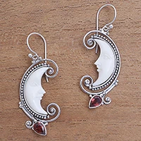 Garnet dangle earrings, 'Bun Crescents' - Garnet Moon Dangle Earrings Crafted in Bali