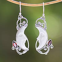Garnet and Bone Crescent Moon Dangle Earrings from Bali,'Glittering Crescents'