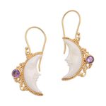 Gold plated amethyst dangle earrings, 'Regal Crescents' - Gold Plated Amethyst Crescent Moon Dangle Earrings from Bali