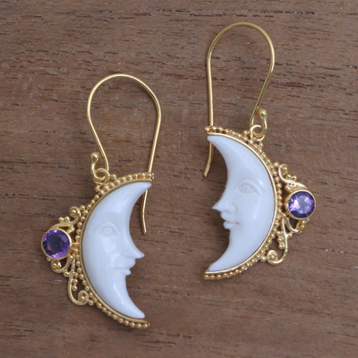 Gold plated amethyst dangle earrings, 'Regal Crescents' - Gold Plated Amethyst Crescent Moon Dangle Earrings from Bali