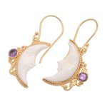 Gold plated amethyst dangle earrings, 'Regal Crescents' - Gold Plated Amethyst Crescent Moon Dangle Earrings from Bali