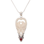 Garnet and bone pendant necklace, 'Dove Couple' - Garnet and Bone Dove Pendant Necklace from Bali