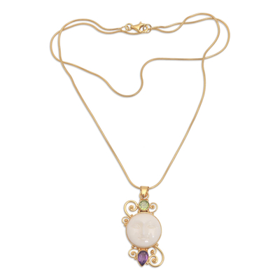 Gold plated amethyst and peridot pendant necklace, 'Round Moon' - Gold Plated Amethyst and Peridot Pendant Necklace from Bali