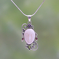 Peridot and amethyst pendant necklace, 'Beautiful Guardian' - Peridot Amethyst and Bone Pendant Necklace from Bali