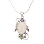 Peridot and amethyst pendant necklace, 'Beautiful Guardian' - Peridot Amethyst and Bone Pendant Necklace from Bali