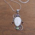 Peridot and amethyst pendant necklace, 'Beautiful Guardian' - Peridot Amethyst and Bone Pendant Necklace from Bali