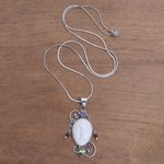 Peridot and amethyst pendant necklace, 'Beautiful Guardian' - Peridot Amethyst and Bone Pendant Necklace from Bali