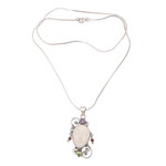 Peridot and amethyst pendant necklace, 'Beautiful Guardian' - Peridot Amethyst and Bone Pendant Necklace from Bali