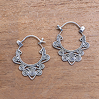 Swirl Pattern Sterling Silver Hoop Earrings from Bali,'Regal Celuk'