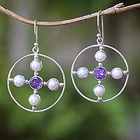 Cultured pearl and amethyst dangle earrings, 'Glowing Orbit' - Cultured Pearl and Amethyst Dangle Earrings from Bali