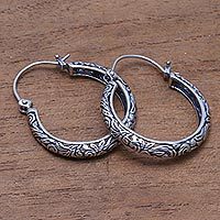 Sterling silver hoop earrings, 'Loop Tradition' - Patterned Sterling Silver Hoop Earrings from Bali