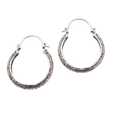 Sterling silver hoop earrings, 'Loop Tradition' - Patterned Sterling Silver Hoop Earrings from Bali
