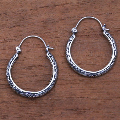 Sterling silver hoop earrings, 'Loop Tradition' - Patterned Sterling Silver Hoop Earrings from Bali