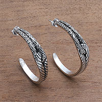 Sterling silver half-hoop earrings, 'Excellent Link' - Patterned Sterling Silver Half-Hoop Earrings from Bali