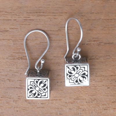 Sterling silver dangle earrings, 'Elegant Dice' - Sterling Silver Cube Dangle Earrings from Bali