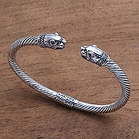 Sterling silver cuff bracelet, 'Bali Cat' - Wild Cat Sterling Silver Cuff Bracelet from Bali