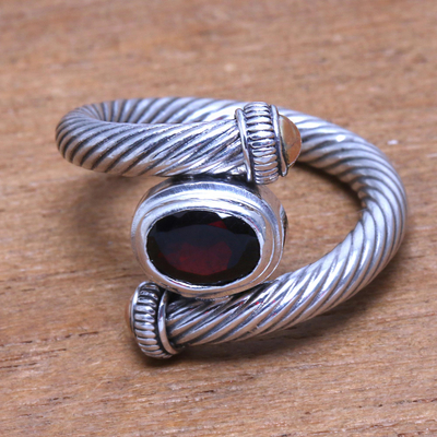 Gold accented garnet band ring, 'Generous Beauty' - Gold Accented Faceted Garnet Band Ring Crafted in Bali
