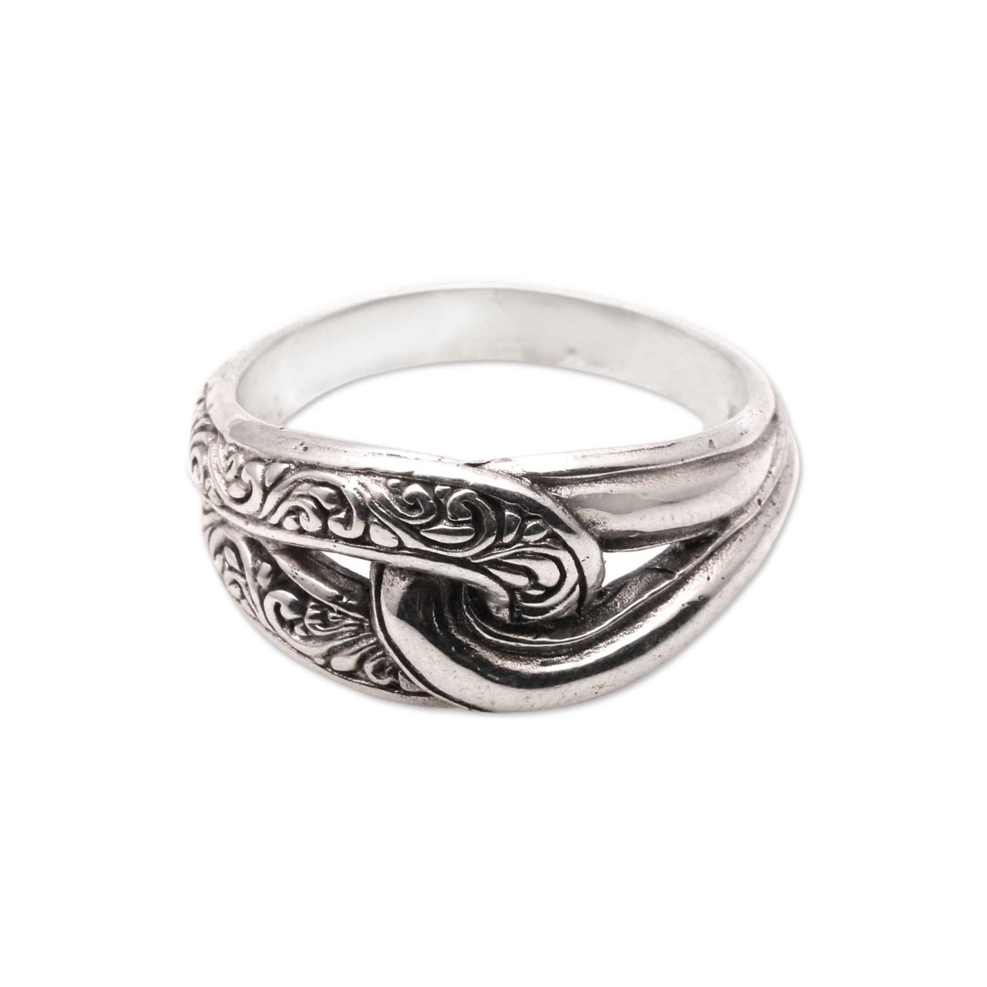 Patterned Sterling Silver Band Ring from Bali - Elegant Link | NOVICA