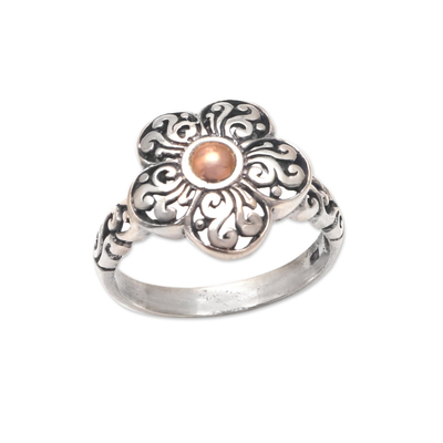 Gold accented sterling silver cocktail ring, 'Traditional Flower' - Floral Gold Accented Sterling Silver Cocktail Ring from Bali