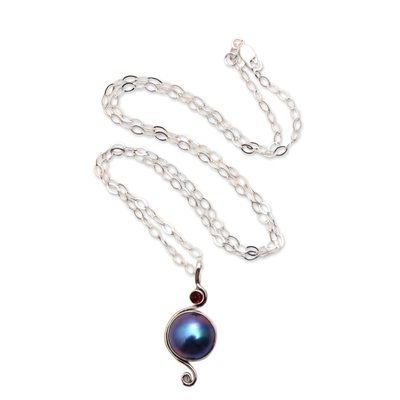 Cultured pearl and garnet pendant necklace, 'Swirl Love' - Cultured Pearl and Garnet Pendant Necklace from Bali