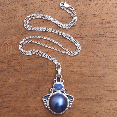 Cultured pearl and opal pendant necklace, 'Ocean Glow' - Cultured Pearl and Opal Pendant Necklace from Bali