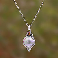 Cultured Pearl and Citrine Pendant Necklace from Bali,'Magnificent Love'