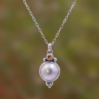 Cultured pearl and citrine pendant necklace, 'Magnificent Love' - Cultured Pearl and Citrine Pendant Necklace from Bali