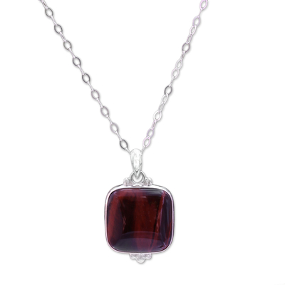 Tiger's eye pendant necklace, 'Red Square' - Square Red Tiger's Eye Pendant Necklace from Bali