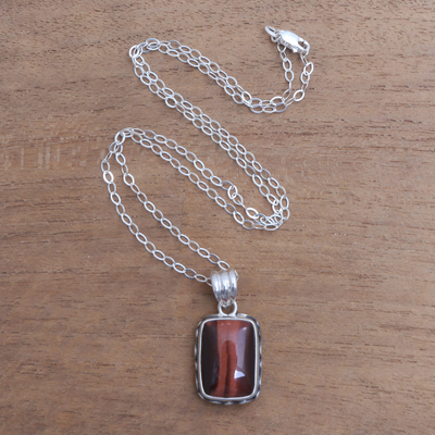 Tiger's eye pendant necklace, 'Eye Waves' - Red Tiger's Eye Pendant Necklace from Bali