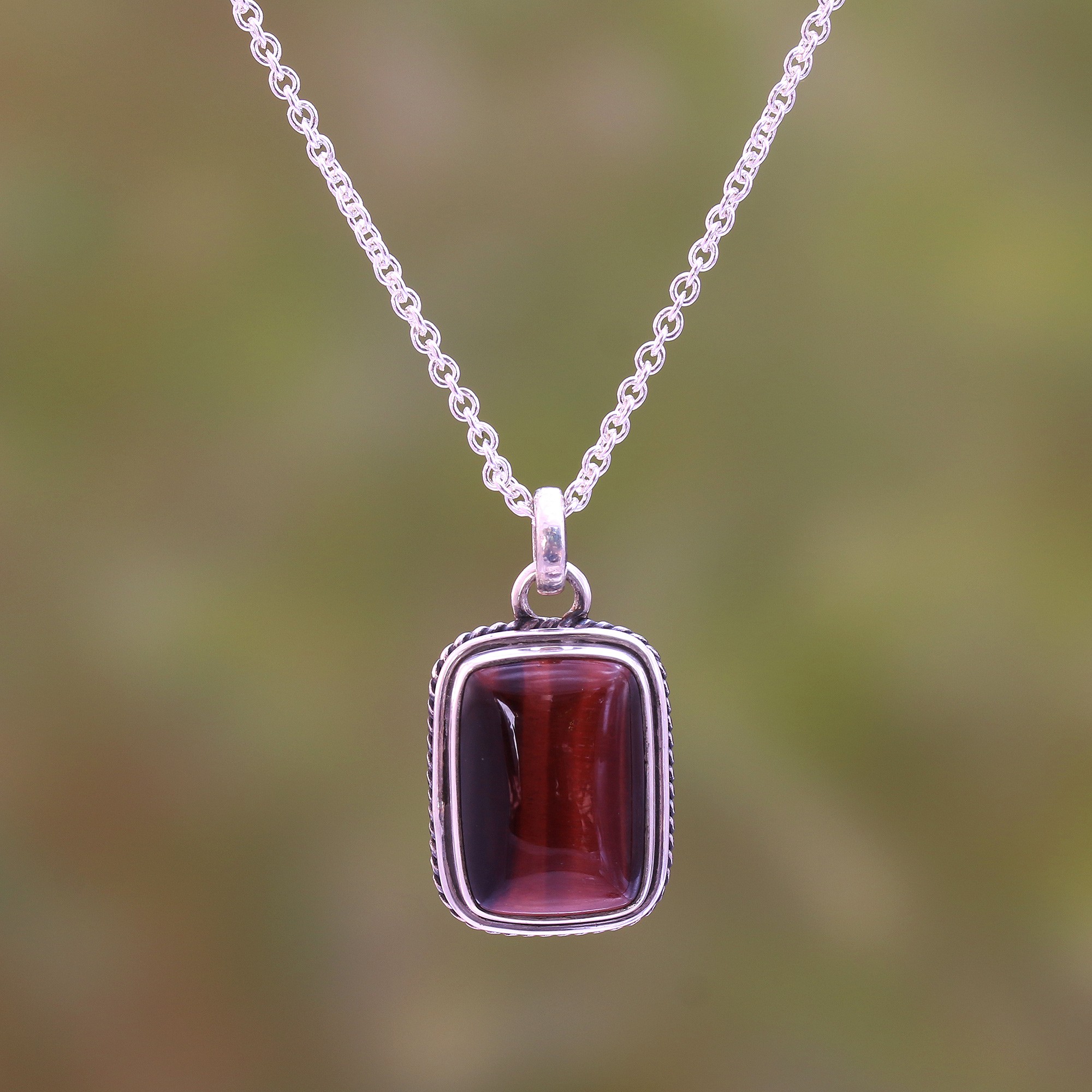 Rectangular Red Tiger S Eye Pendant Necklace From Bali Rectangle