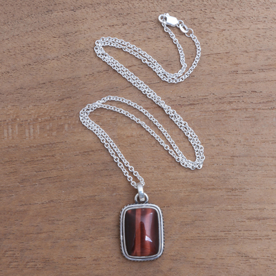 Tiger's eye pendant necklace, 'Red Rectangle' - Rectangular Red Tiger's Eye Pendant Necklace from Bali