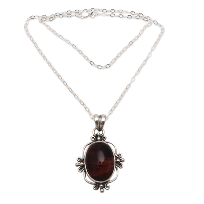 Tiger's eye pendant necklace, 'Wild Eye' - Oval Red Tiger's Eye Pendant Necklace from Bali