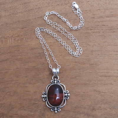 Tiger's eye pendant necklace, 'Wild Eye' - Oval Red Tiger's Eye Pendant Necklace from Bali