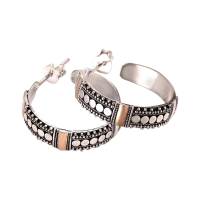 Gold accented sterling silver half-hoop earrings, 'Bun Loops' - Bun Pattern Gold Accented Sterling Silver Half-Hoop Earrings