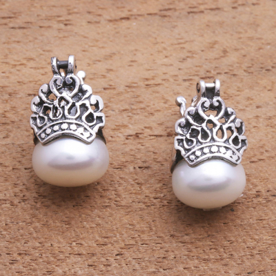 Cultured pearl drop earrings, 'Sukawati Crowns' - Cultured Pearl Drop Earrings Crafted in Bali