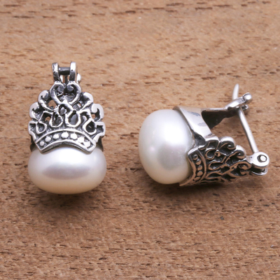 Cultured pearl drop earrings, 'Sukawati Crowns' - Cultured Pearl Drop Earrings Crafted in Bali