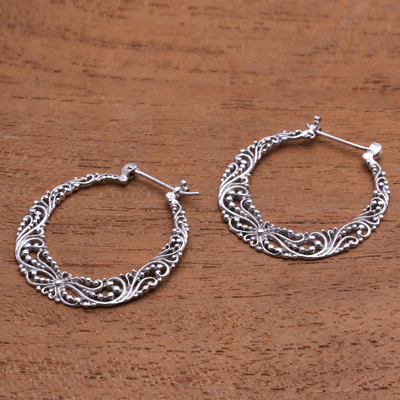 Sterling silver hoop earrings, 'Balinese River' - 925 Sterling Silver Hoop Earrings with Wire and Dot Motifs