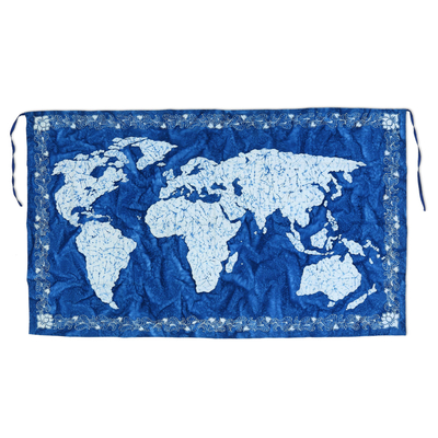 Batik cotton wall hanging, 'The World in Royal Blue' - World Map Batik Cotton Wall Hanging in Royal Blue from Bali