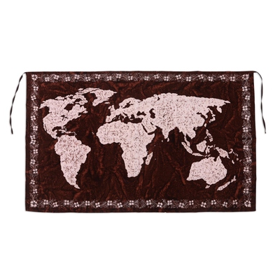 Batik cotton wall hanging, 'The World in Chestnut' - World Map Batik Cotton Wall Hanging in Chestnut from Bali